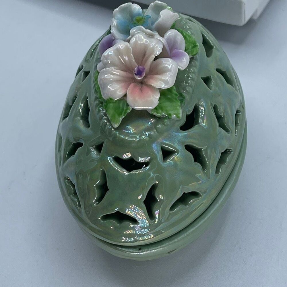 Vintage Green Lusterware floral cut out design Easter Egg trinket box.